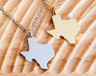 Texas-shaped pendants on a gold or silver chain engravable