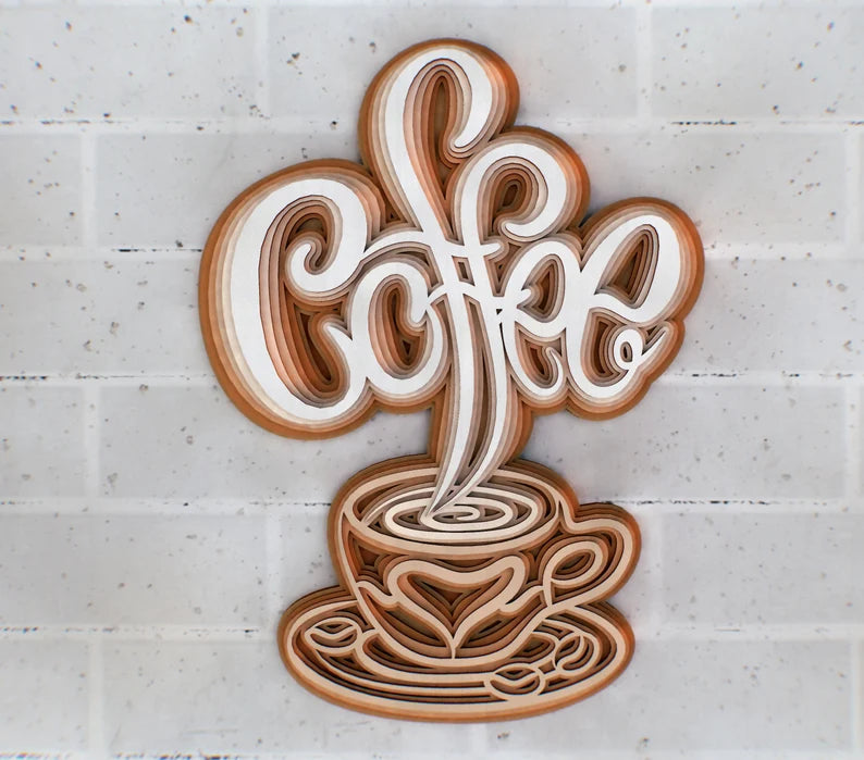 3D Layered Wood Coffee Sign | Laser-Cut Kitchen & Café Decor
