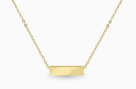 Gold necklace with a horizontal bar pendant engravable