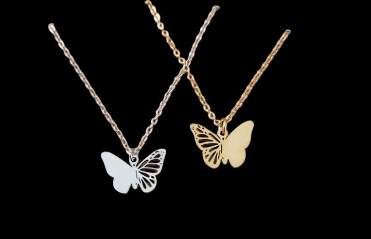 butterfly necklaces, one silver and one gold, engravable