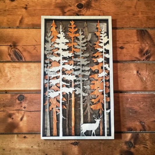 3D Layered Wood Wall Art – Deer & Forest Trees | Rustic Cabin Decor