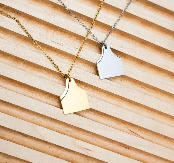 gold and silver necklaces with cow tag pendants engravable