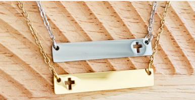 Cross cutout horizontal necklace in gold or silver engravable
