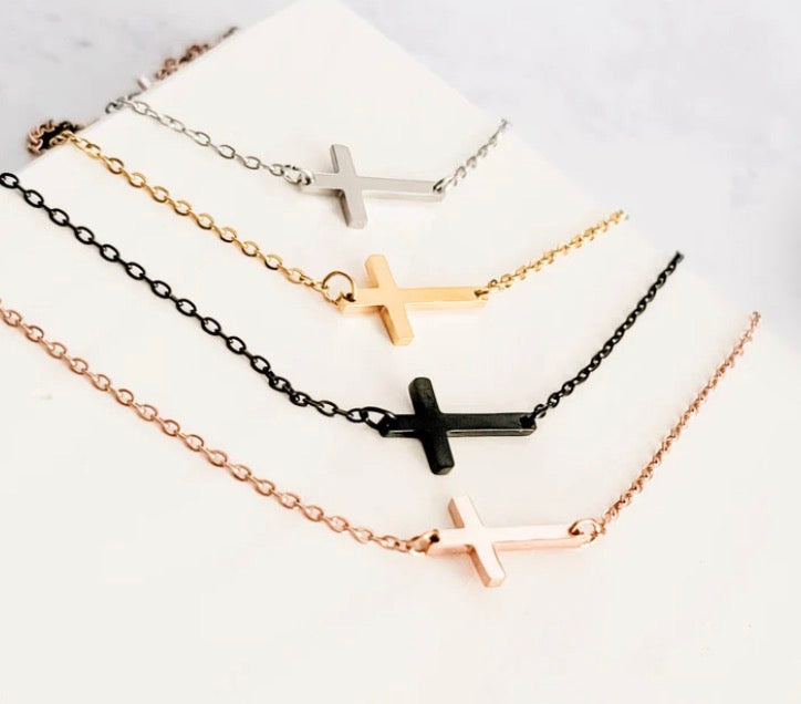 Horizontal cross necklaces in gold or silver engravable