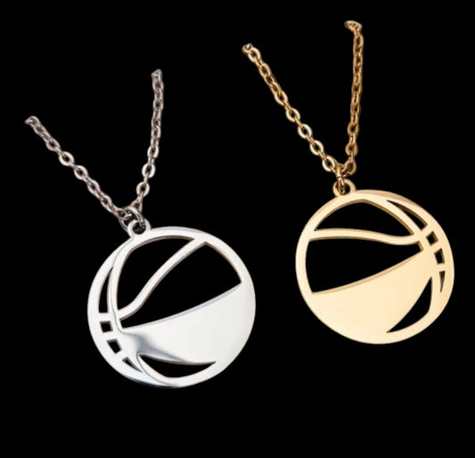 necklaces with basketball pendants, one silver and one gold engravable