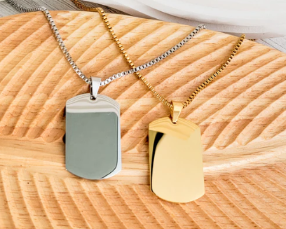 dog tag pendant necklace in gold or silver engravable