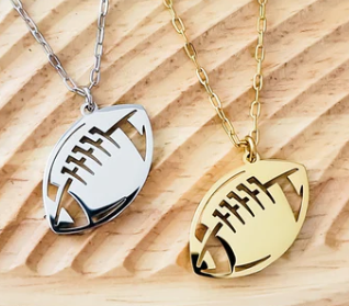 Silver and gold football-shaped pendants on necklaces engravable