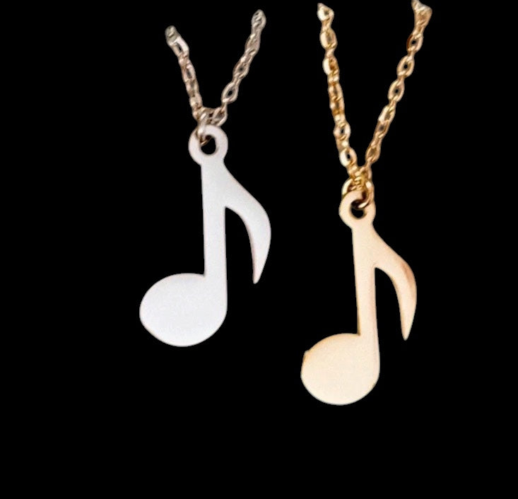necklaces with music note pendants, one silver and one gold, engravable