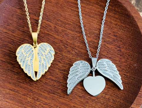 Gold and silver angel wing pendants engraveable