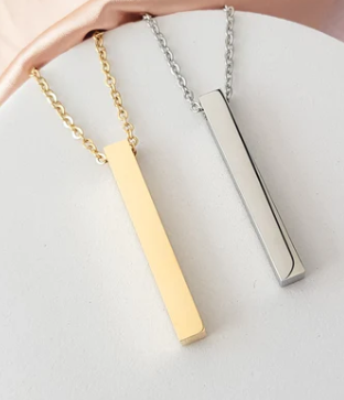 vertical bar necklace 4-sided in gold or silver engravable